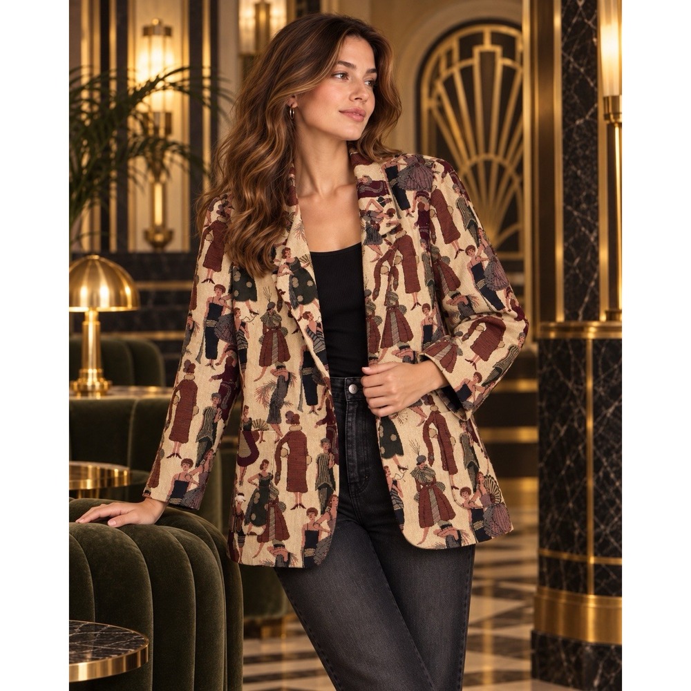 Vintage Jane Elissa Tapestry Blazer Jacket Art Deco Flapper Novelty Print USA